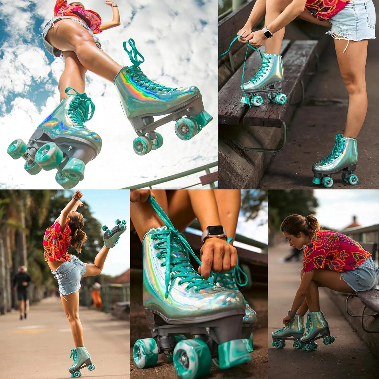 JajaHoho Roller Skates for Women, Holographic Rollerskates, Shiny Double-Row Four Wheels Quad Skates Girls Outdoor (Green)