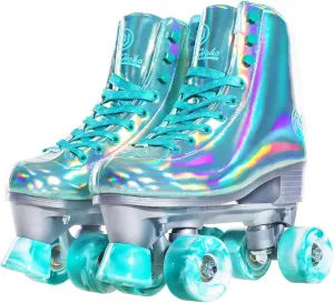 JajaHoho Roller Skates for Women, Holographic Rollerskates, Shiny Double-Row Four Wheels Quad Skates Girls Outdoor (Green)