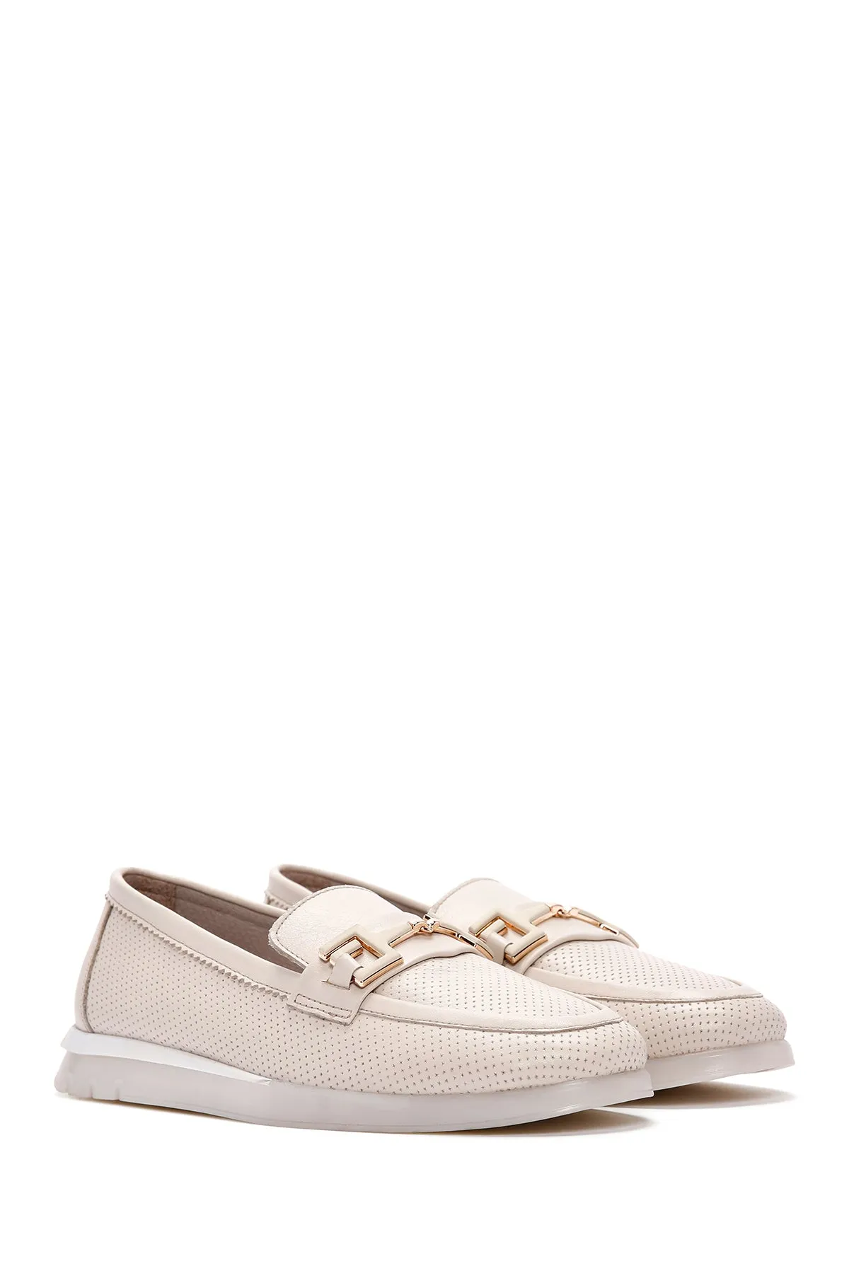 Kadın Krem Tokalı Deri Comfort Loafer