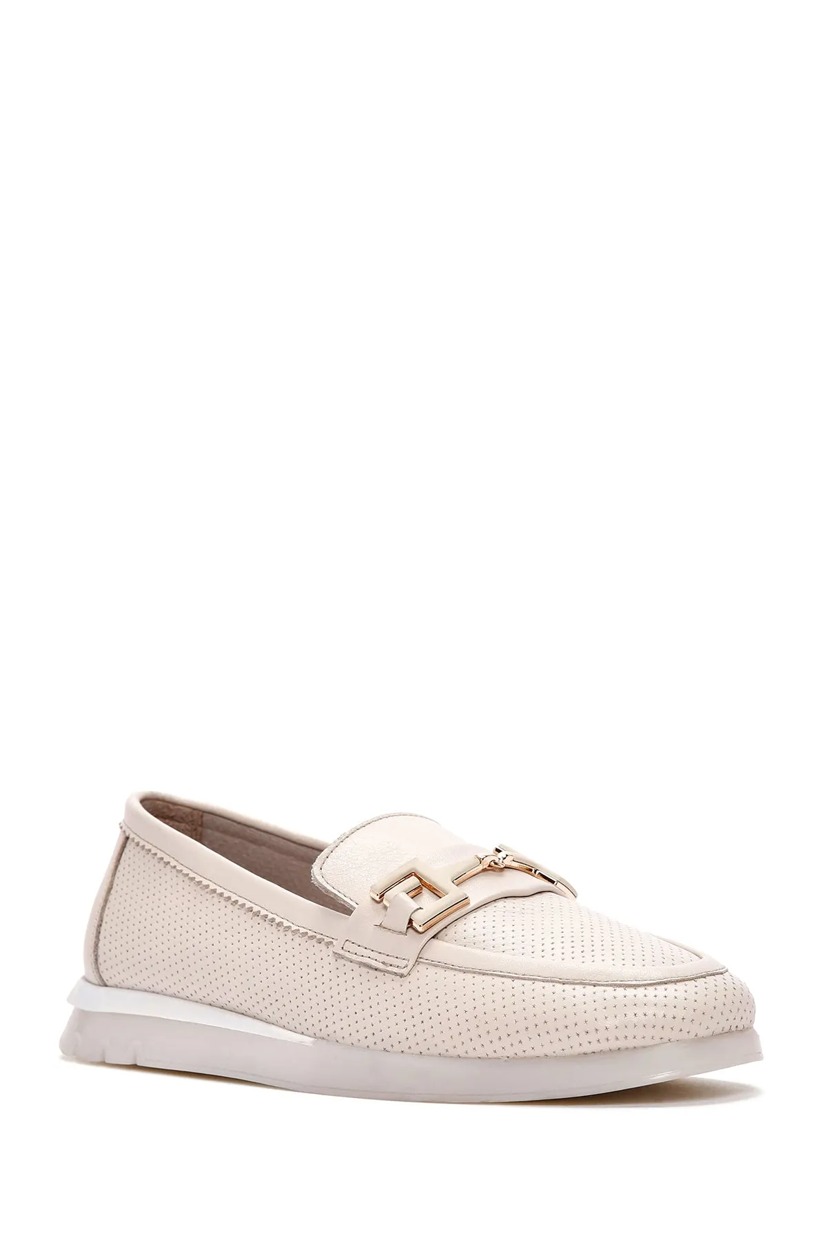 Kadın Krem Tokalı Deri Comfort Loafer