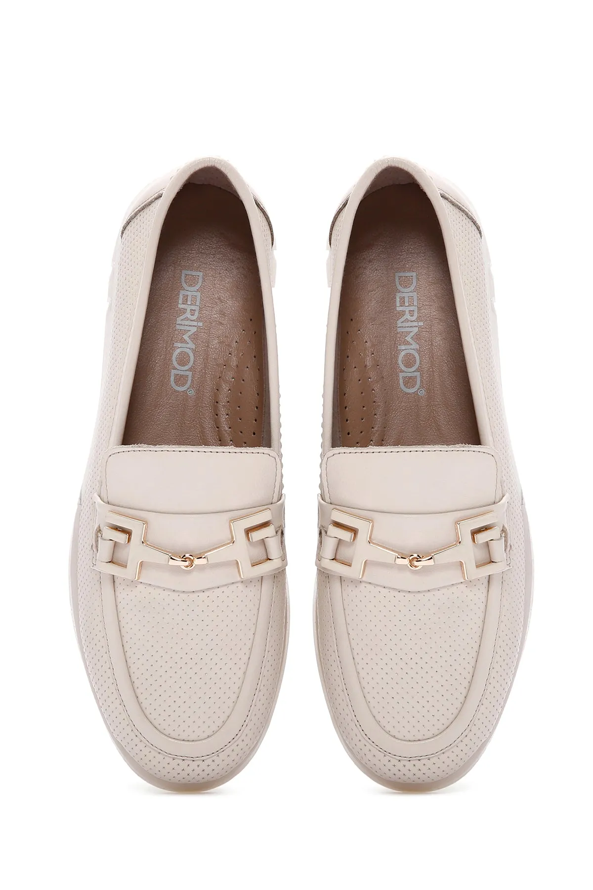 Kadın Krem Tokalı Deri Comfort Loafer