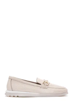 Kadın Krem Tokalı Deri Comfort Loafer