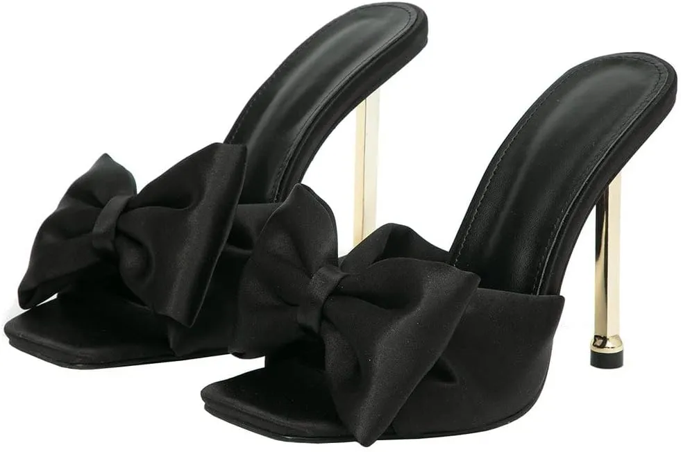 KOKOMOMO Womens Bow High Heels Mules Stiletto Slides Mule Heels Open Toe Heeled Sandals with Bowknot