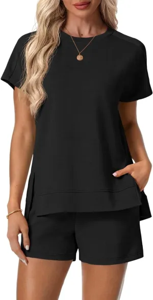 Lepunuo 2 Piece Short Sets for Women Summer Outfits Short Sleeve Tops Elastic Waist Shorts Lounge Set Vacation Travel Outfits