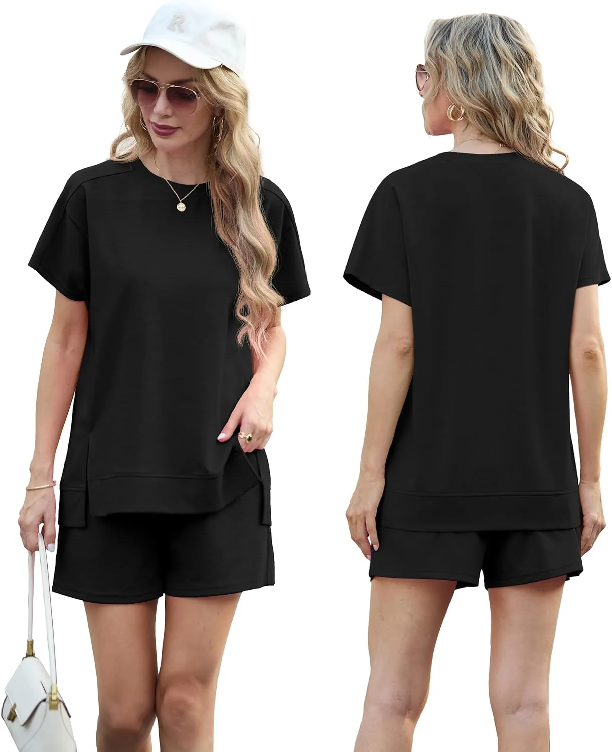 Lepunuo 2 Piece Short Sets for Women Summer Outfits Short Sleeve Tops Elastic Waist Shorts Lounge Set Vacation Travel Outfits