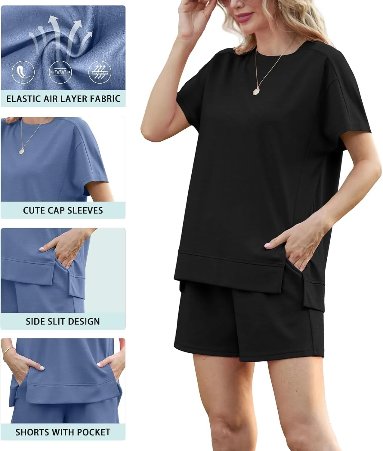 Lepunuo 2 Piece Short Sets for Women Summer Outfits Short Sleeve Tops Elastic Waist Shorts Lounge Set Vacation Travel Outfits
