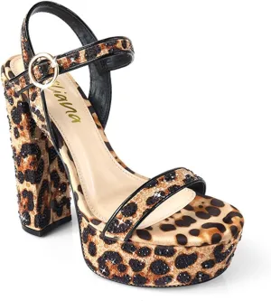 Liliana Womens Rhinestones Ankle Strap Chunky High Heels Sandals