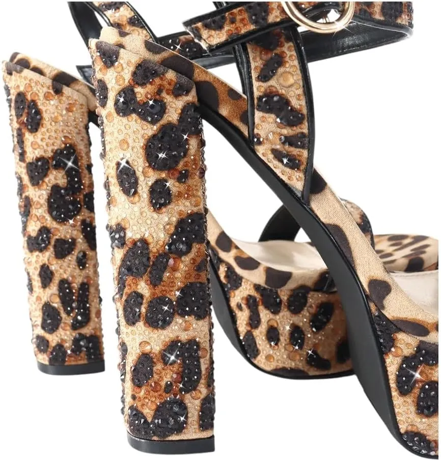 Liliana Womens Rhinestones Ankle Strap Chunky High Heels Sandals