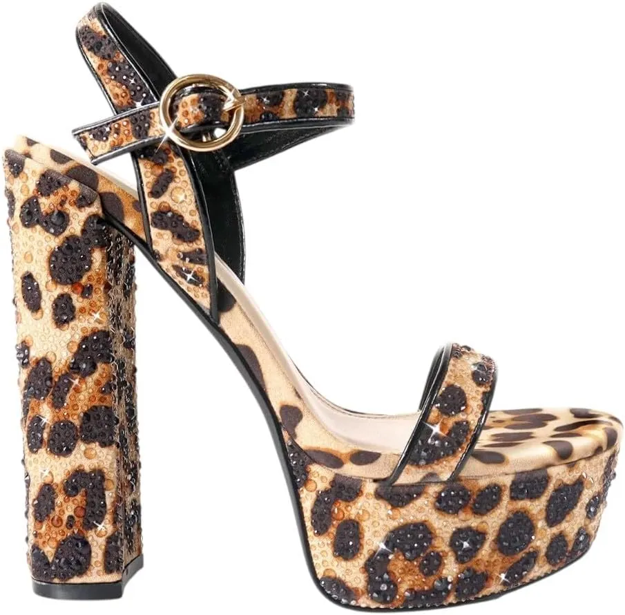 Liliana Womens Rhinestones Ankle Strap Chunky High Heels Sandals