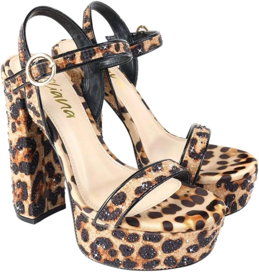 Liliana Womens Rhinestones Ankle Strap Chunky High Heels Sandals