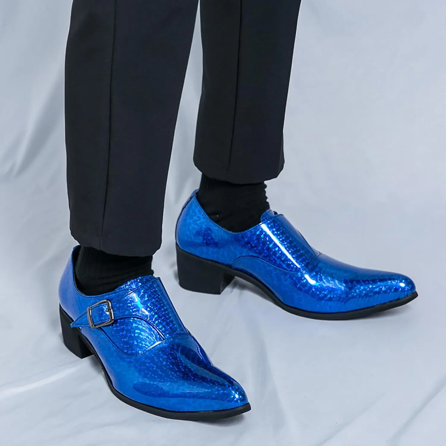 Men's Pointed Toe Chunky Heels Monk Strap Oxford Shoes,Fashion Shiny Business Formal Slip On Loafers Low Top Chelsea Wedding Derby Shoes