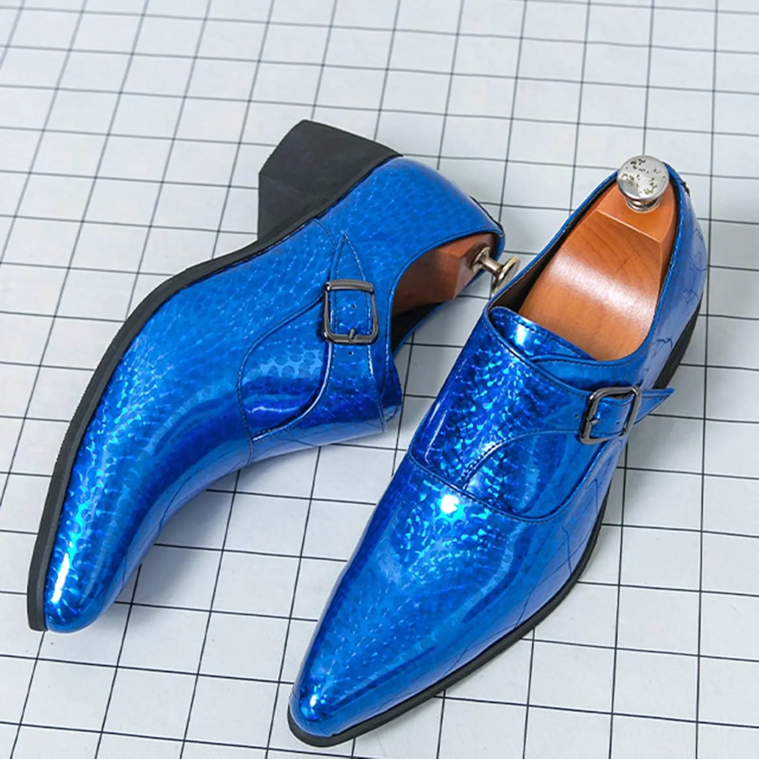 Men's Pointed Toe Chunky Heels Monk Strap Oxford Shoes,Fashion Shiny Business Formal Slip On Loafers Low Top Chelsea Wedding Derby Shoes