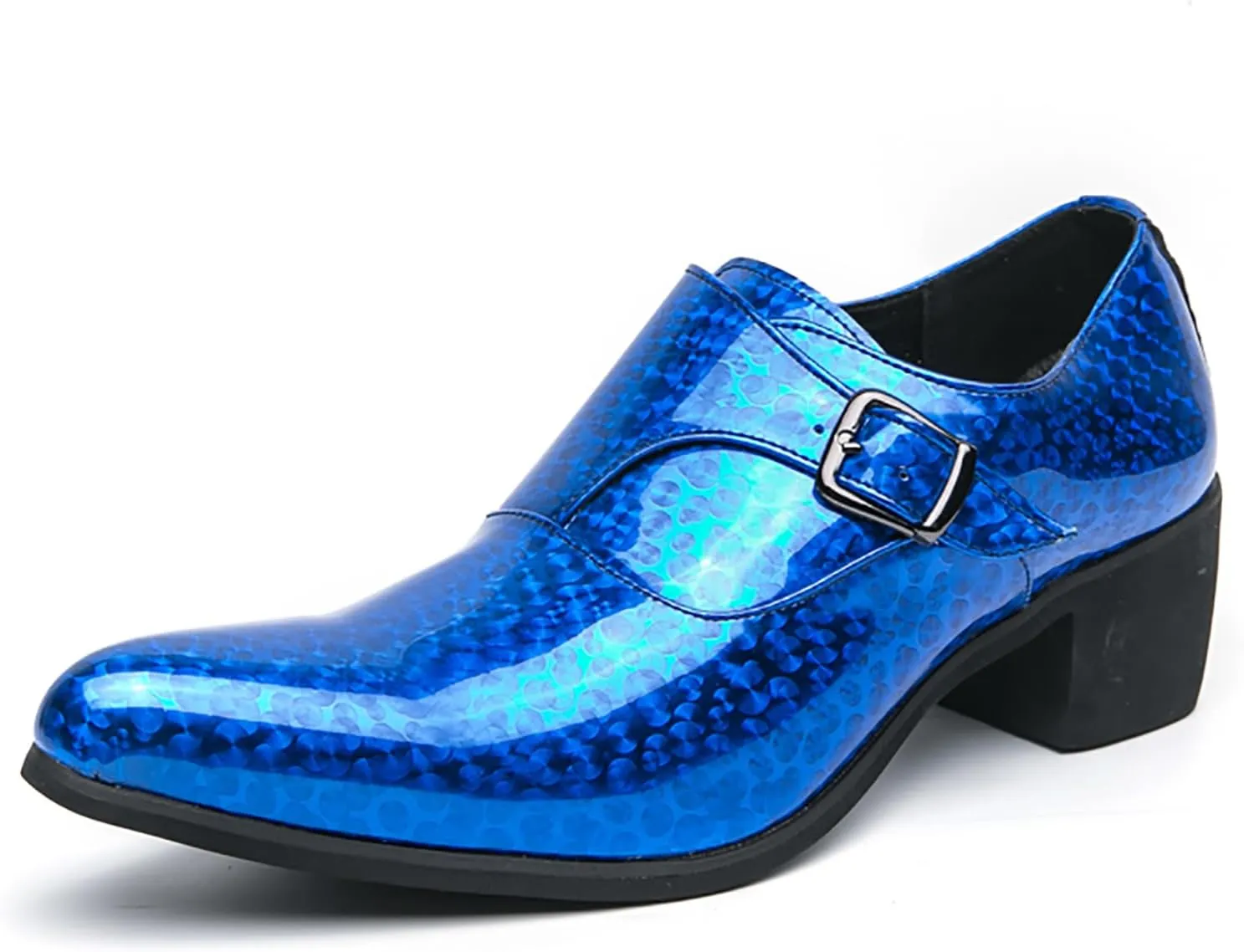 Men's Pointed Toe Chunky Heels Monk Strap Oxford Shoes,Fashion Shiny Business Formal Slip On Loafers Low Top Chelsea Wedding Derby Shoes