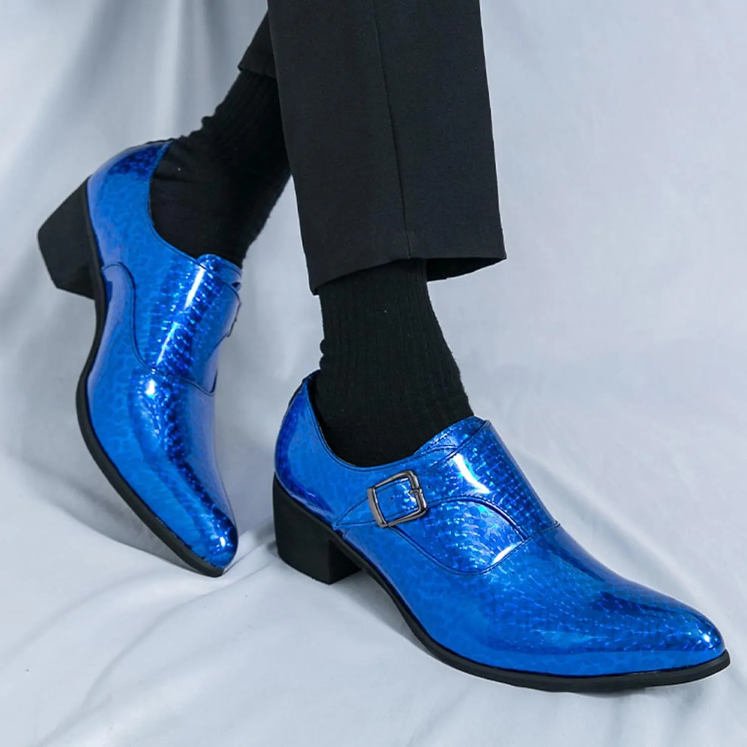 Men's Pointed Toe Chunky Heels Monk Strap Oxford Shoes,Fashion Shiny Business Formal Slip On Loafers Low Top Chelsea Wedding Derby Shoes