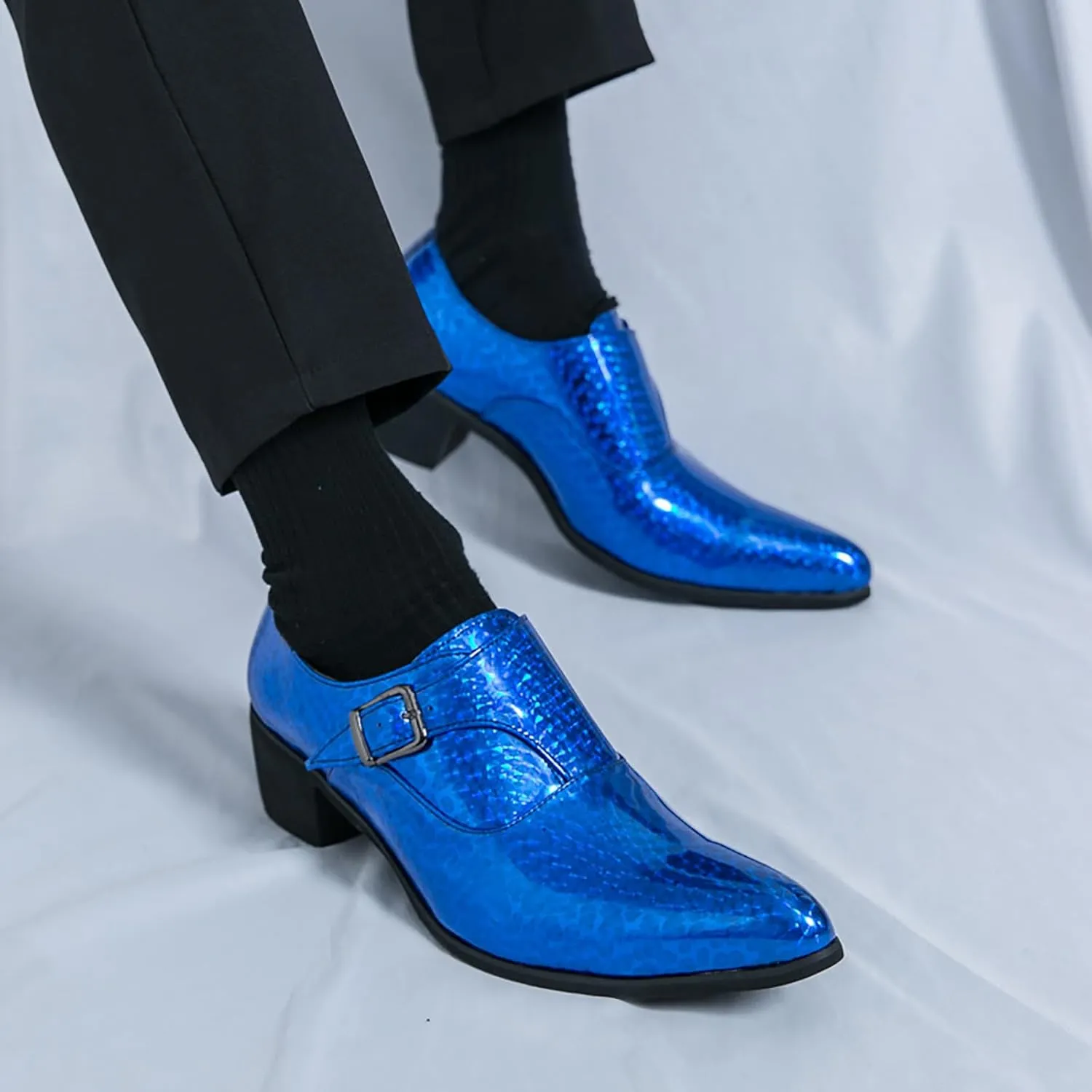 Men's Pointed Toe Chunky Heels Monk Strap Oxford Shoes,Fashion Shiny Business Formal Slip On Loafers Low Top Chelsea Wedding Derby Shoes