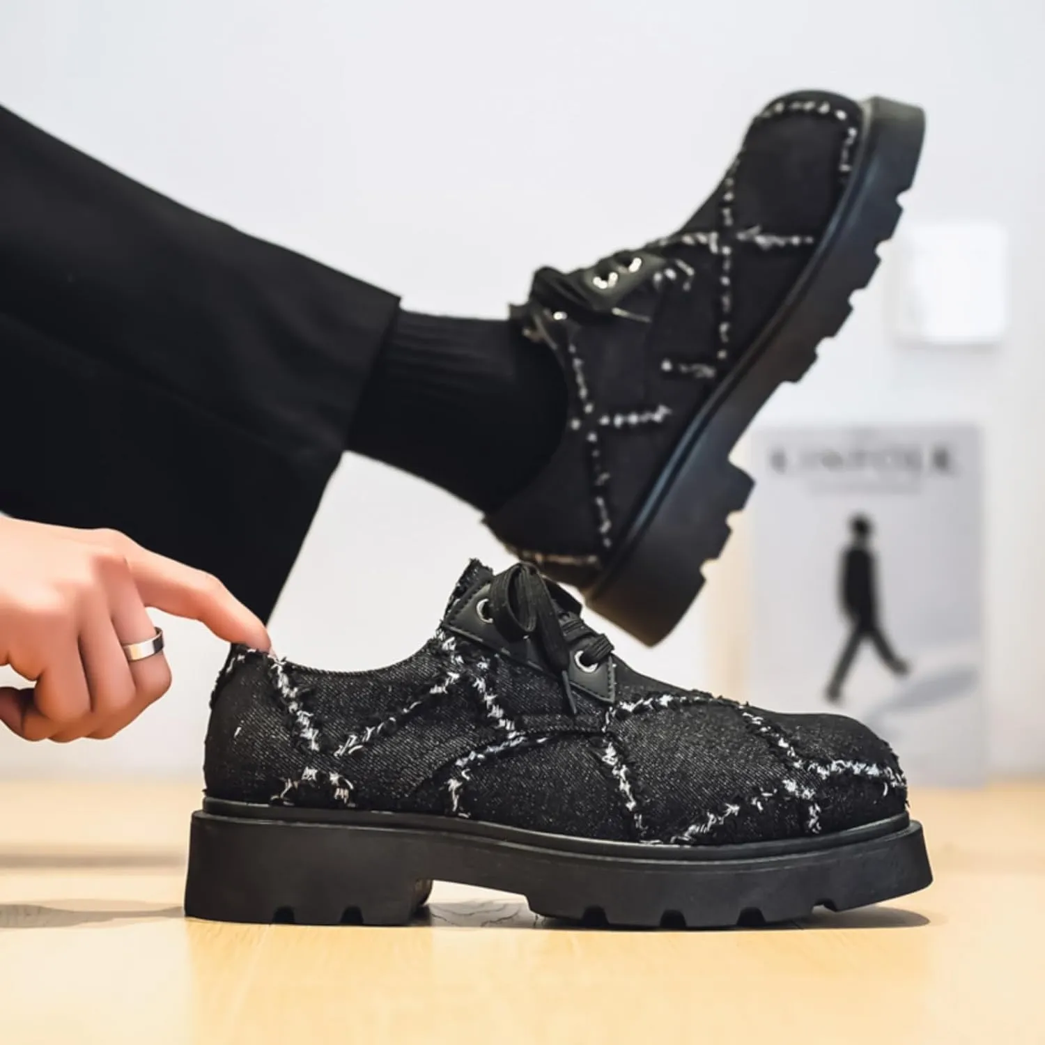 Men's Stylish Chunky - Sole Derby Walking Leather Shoes - Ideal for Casual Wear and Street Cowboy Style