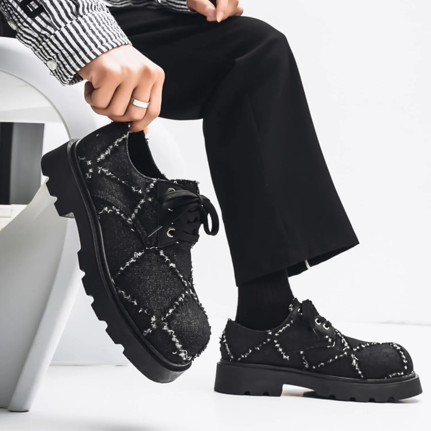 Men's Stylish Chunky - Sole Derby Walking Leather Shoes - Ideal for Casual Wear and Street Cowboy Style