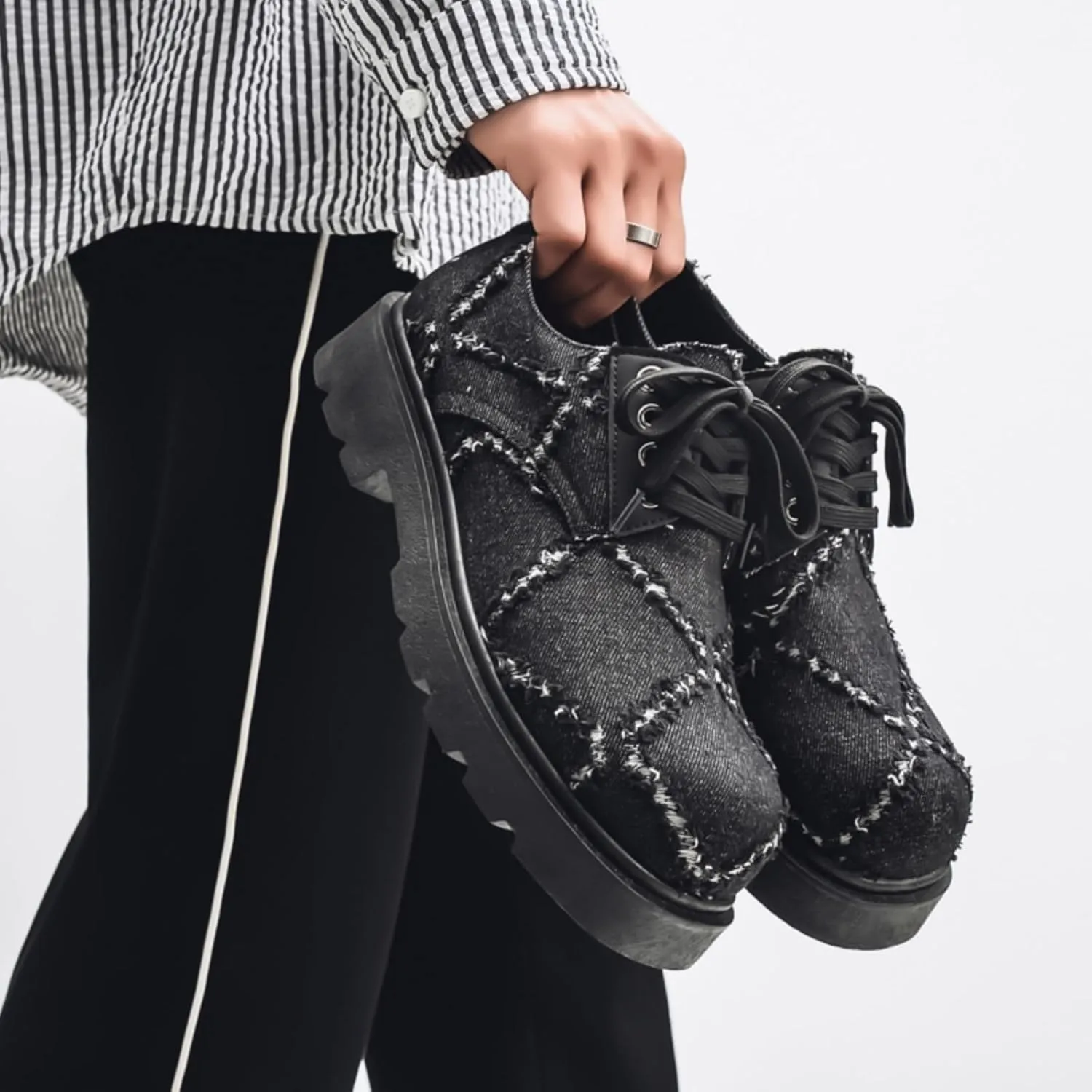 Men's Stylish Chunky - Sole Derby Walking Leather Shoes - Ideal for Casual Wear and Street Cowboy Style