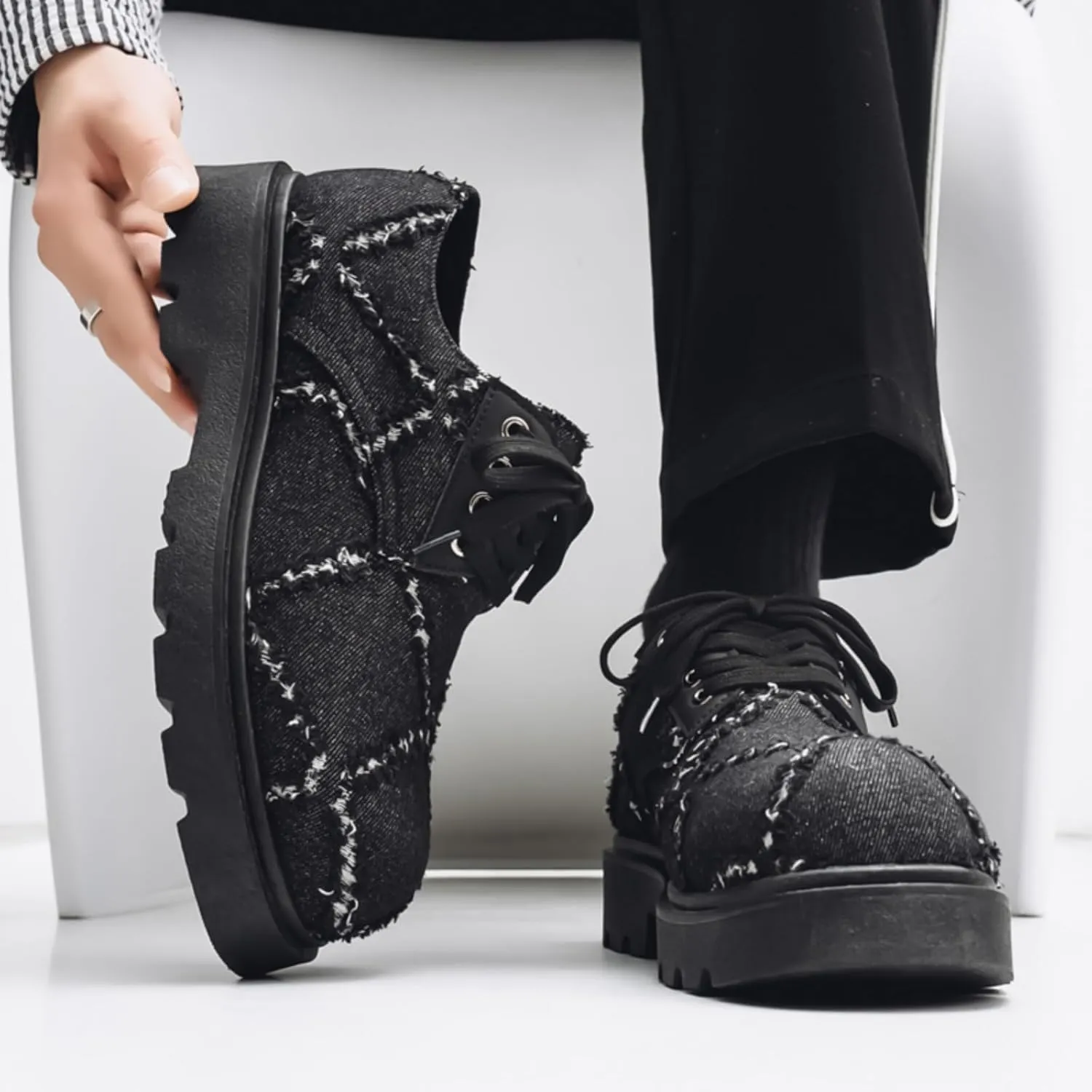 Men's Stylish Chunky - Sole Derby Walking Leather Shoes - Ideal for Casual Wear and Street Cowboy Style