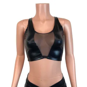 Mesh Inset Crop Tank - Black Metallic "Wet Look"