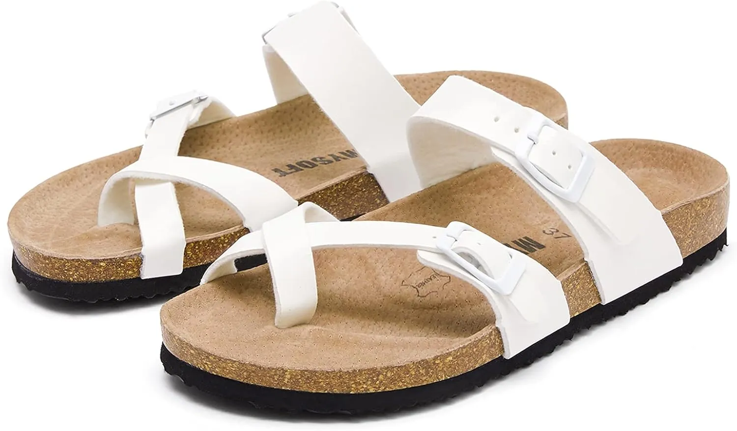 mysoft Women's Cork Footbed Sandals Double Adjustable Buckle Slide Sandals Slip On Walking Summer Shoes