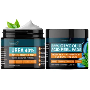 NUVADERMIS Urea Cream & 35% Glycolic Acid Pads - 40% Urea Foot Repair Lotion - Hand Dry Skin Callus Remover - Exfoliating Facial Peel - Natural Resurfacing for Sensitive Skin - 60 Double-Side Pads