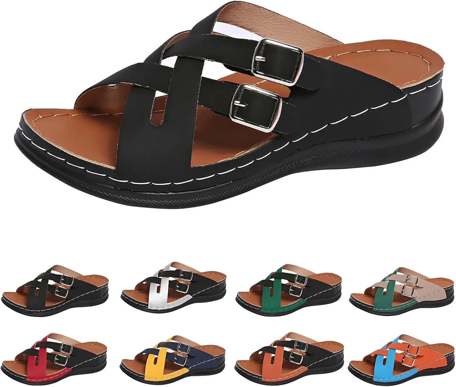 Orthopedic Sandals for Women Heels Open Toe Platform Sandals Adjustable Buckle Ankle Strap Casual Beach Shoes Lightweight Beach Vacation Walking Sandal Arch Support Slip on Shoe