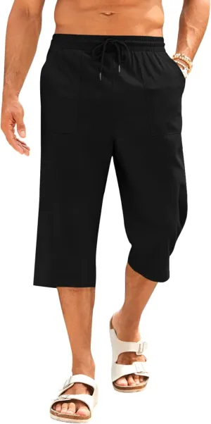 PASLTER Men's Linen Capri Pants Casual Lightweight 3/4 Pants Elastic Waist Drawstring Beach Yoga Shorts with Pockets
