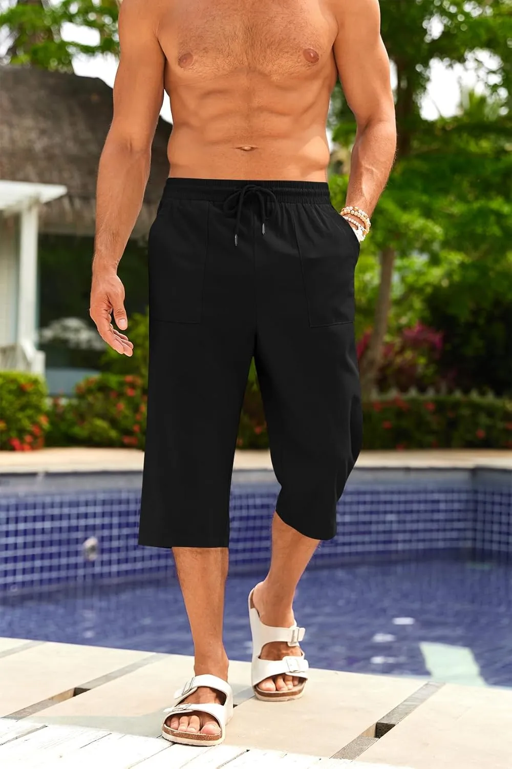PASLTER Men's Linen Capri Pants Casual Lightweight 3/4 Pants Elastic Waist Drawstring Beach Yoga Shorts with Pockets