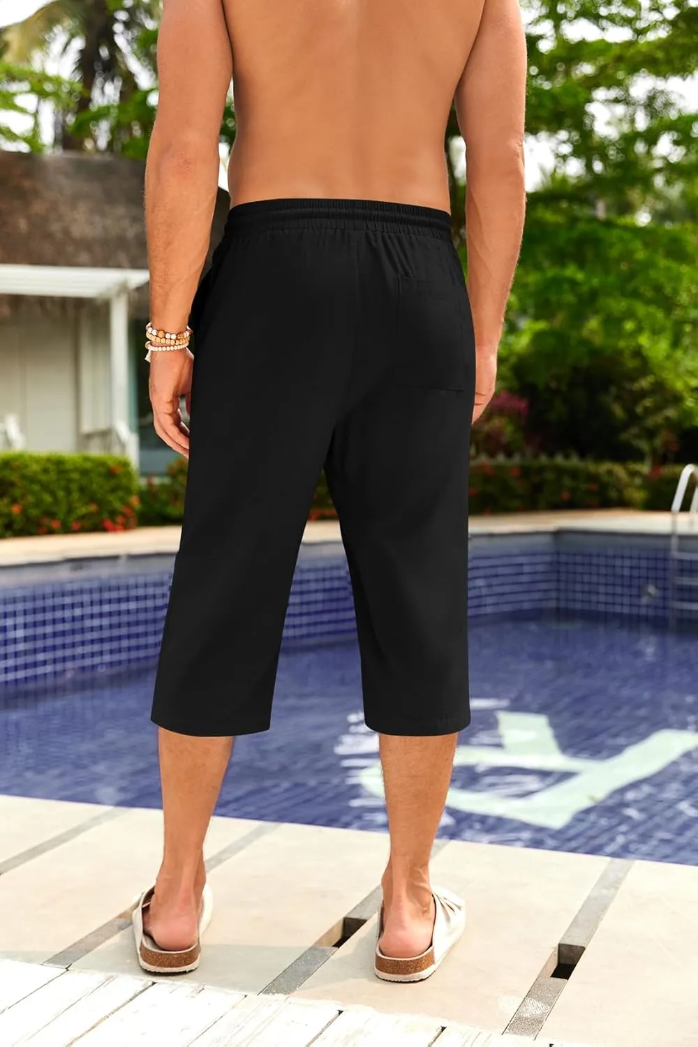 PASLTER Men's Linen Capri Pants Casual Lightweight 3/4 Pants Elastic Waist Drawstring Beach Yoga Shorts with Pockets