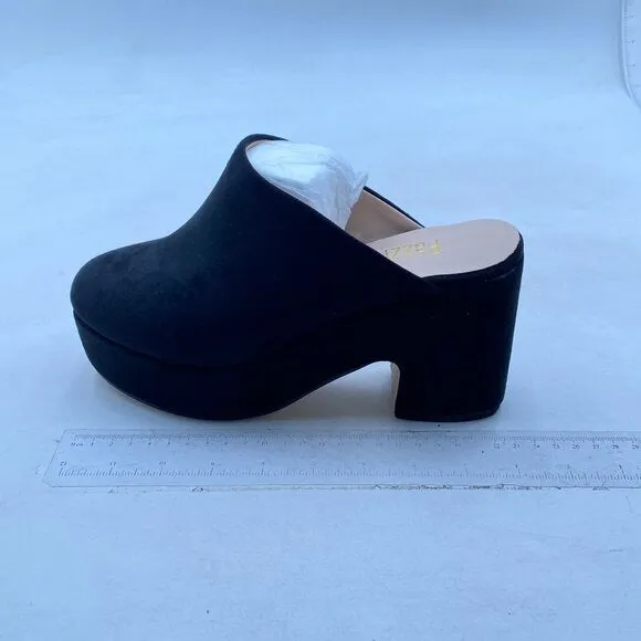 Pazzion Black Thick Platform Round Closed Toe Slip On Block High Heel Clogs Mule