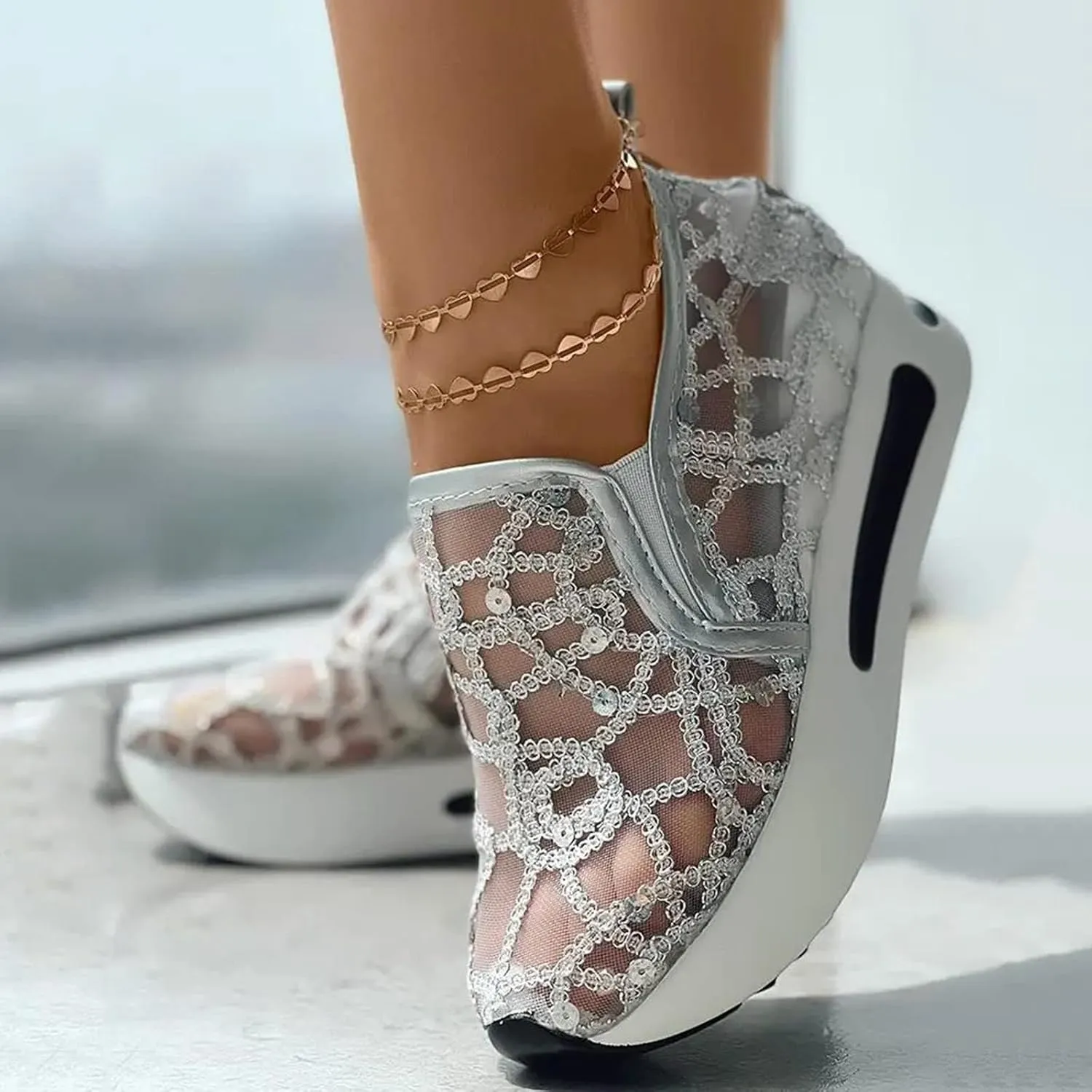 Platform Wedge Sneakers for Women Fashion Mesh Shoes Embroidery Slip On Womens Loafers Comfortable Dressy Chunky Sole High Heels Breathable Walking Shoes with Arch Support