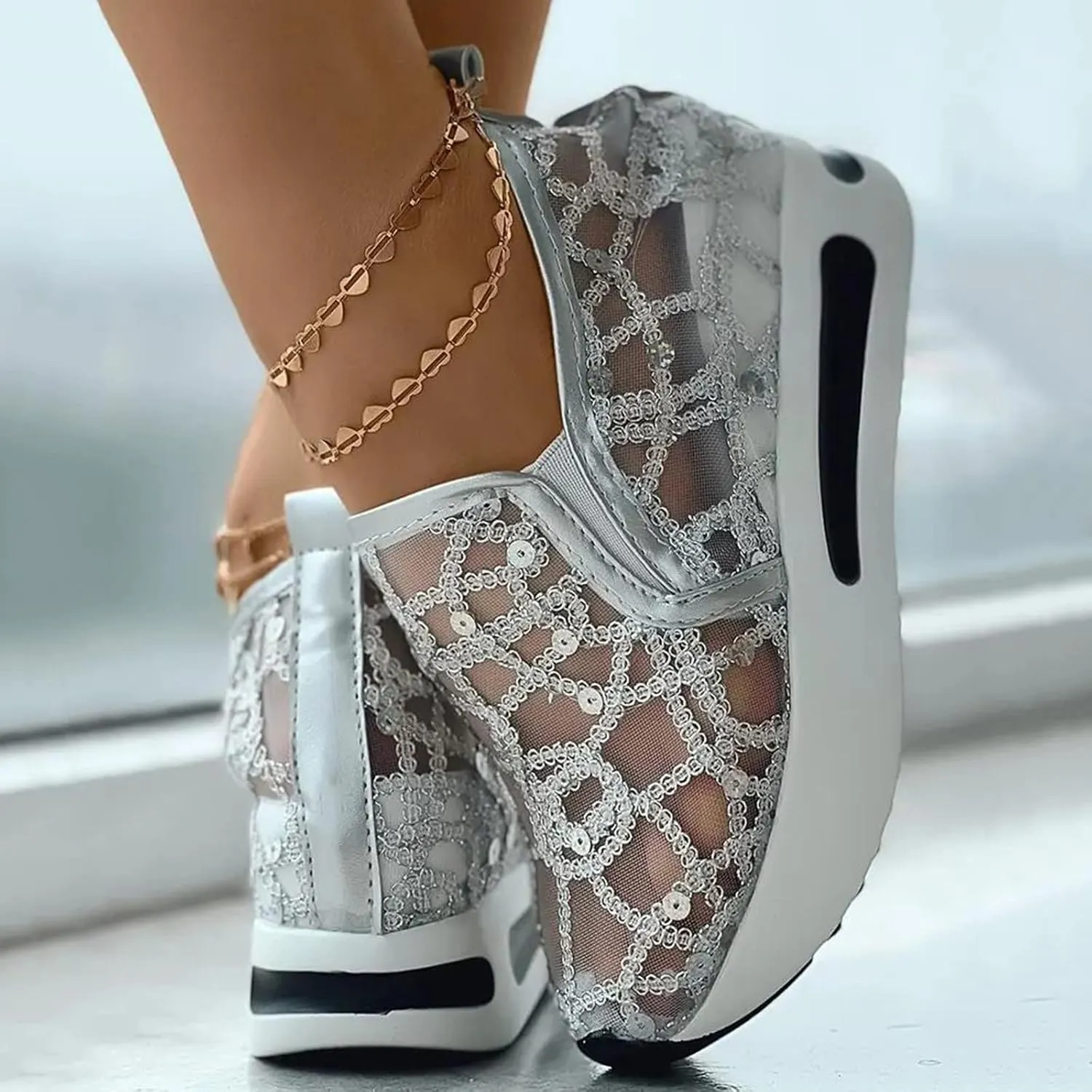 Platform Wedge Sneakers for Women Fashion Mesh Shoes Embroidery Slip On Womens Loafers Comfortable Dressy Chunky Sole High Heels Breathable Walking Shoes with Arch Support