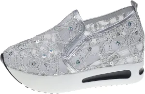 Platform Wedge Sneakers for Women Fashion Mesh Shoes Embroidery Slip On Womens Loafers Comfortable Dressy Chunky Sole High Heels Breathable Walking Shoes with Arch Support