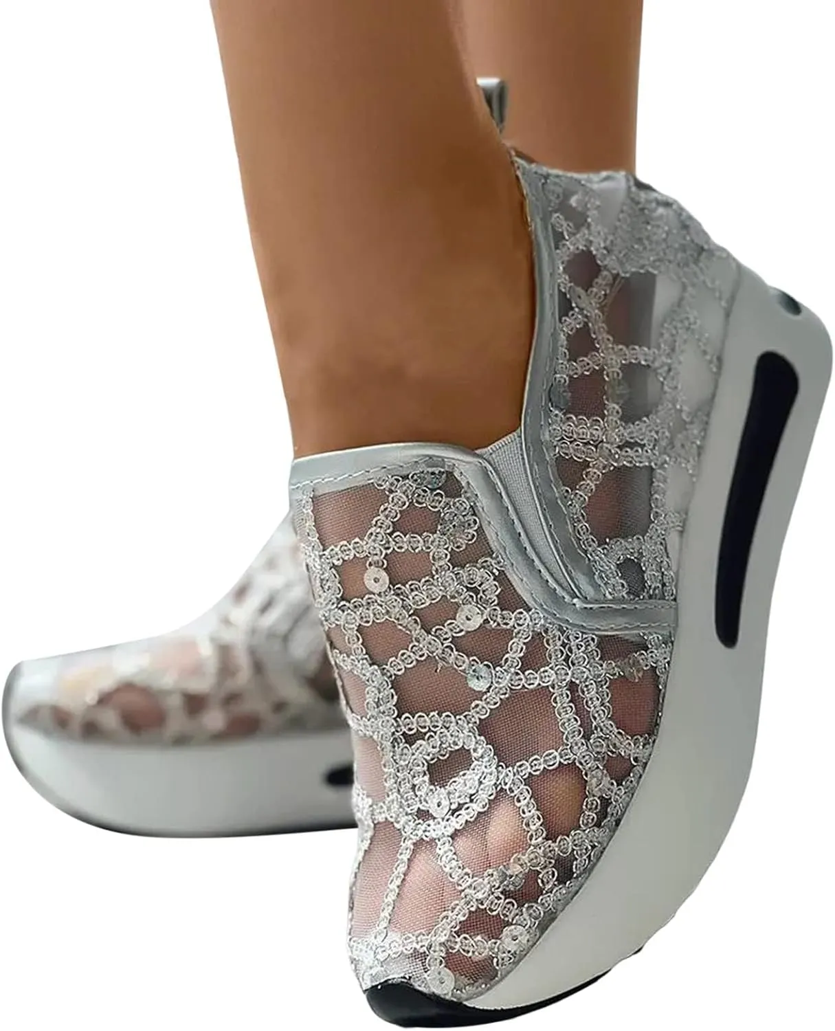 Platform Wedge Sneakers for Women Fashion Mesh Shoes Embroidery Slip On Womens Loafers Comfortable Dressy Chunky Sole High Heels Breathable Walking Shoes with Arch Support