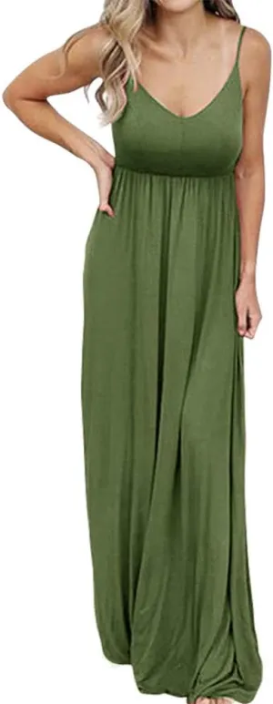 PRIMODA Women's Summer Casual Sleeveless V Neck Adjustable Spaghetti Strap Maxi Long Dress