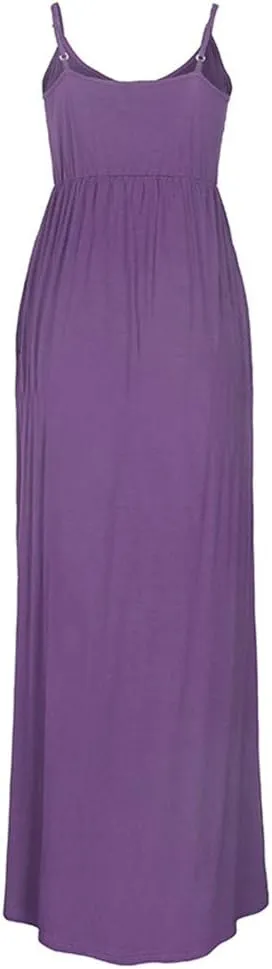 PRIMODA Women's Summer Casual Sleeveless V Neck Adjustable Spaghetti Strap Maxi Long Dress