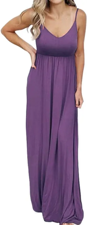PRIMODA Women's Summer Casual Sleeveless V Neck Adjustable Spaghetti Strap Maxi Long Dress
