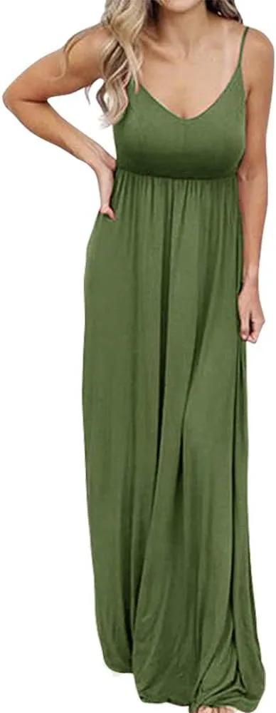 PRIMODA Women's Summer Casual Sleeveless V Neck Adjustable Spaghetti Strap Maxi Long Dress