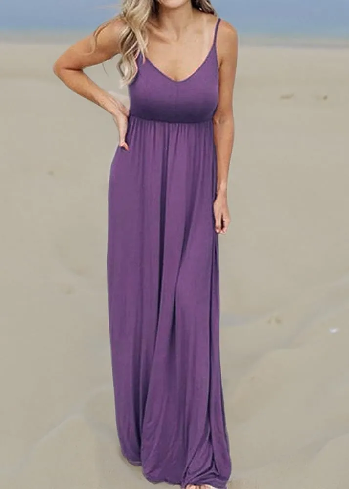 PRIMODA Women's Summer Casual Sleeveless V Neck Adjustable Spaghetti Strap Maxi Long Dress