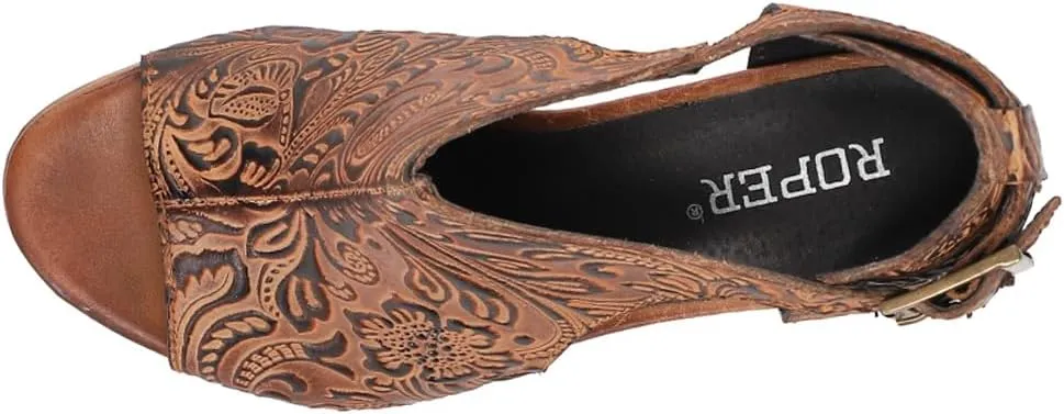 ROPER Womens Mika Floral Embossed Peep Toe Block Pumps Dress Casual Casual Mid Heel 2-3" - Brown