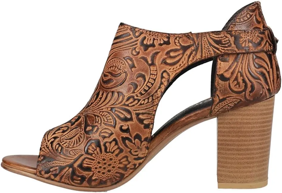 ROPER Womens Mika Floral Embossed Peep Toe Block Pumps Dress Casual Casual Mid Heel 2-3" - Brown