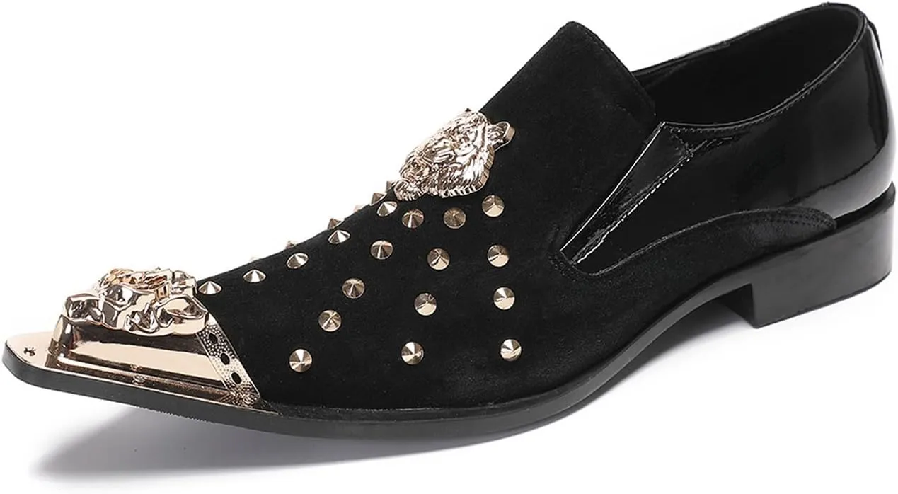 Santimon Mens Loafers Casual Black Dress Slip On Penny Loafer Suede Leather Gold Beads Glitter Party Mocasines Prom Wedding Fashion Western Disco Meatal Pointed Toe Smoking Tuxedo Shoes