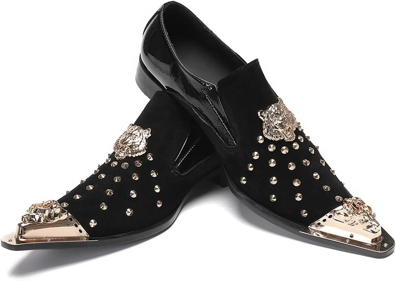 Santimon Mens Loafers Casual Black Dress Slip On Penny Loafer Suede Leather Gold Beads Glitter Party Mocasines Prom Wedding Fashion Western Disco Meatal Pointed Toe Smoking Tuxedo Shoes