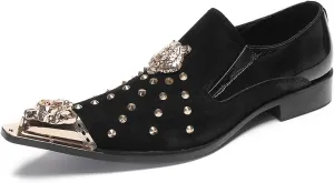 Santimon Mens Loafers Casual Black Dress Slip On Penny Loafer Suede Leather Gold Beads Glitter Party Mocasines Prom Wedding Fashion Western Disco Meatal Pointed Toe Smoking Tuxedo Shoes