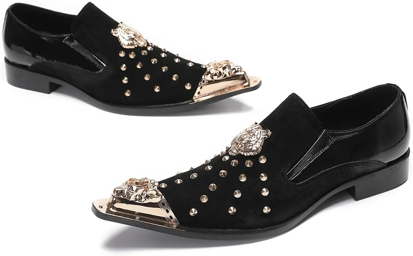 Santimon Mens Loafers Casual Black Dress Slip On Penny Loafer Suede Leather Gold Beads Glitter Party Mocasines Prom Wedding Fashion Western Disco Meatal Pointed Toe Smoking Tuxedo Shoes