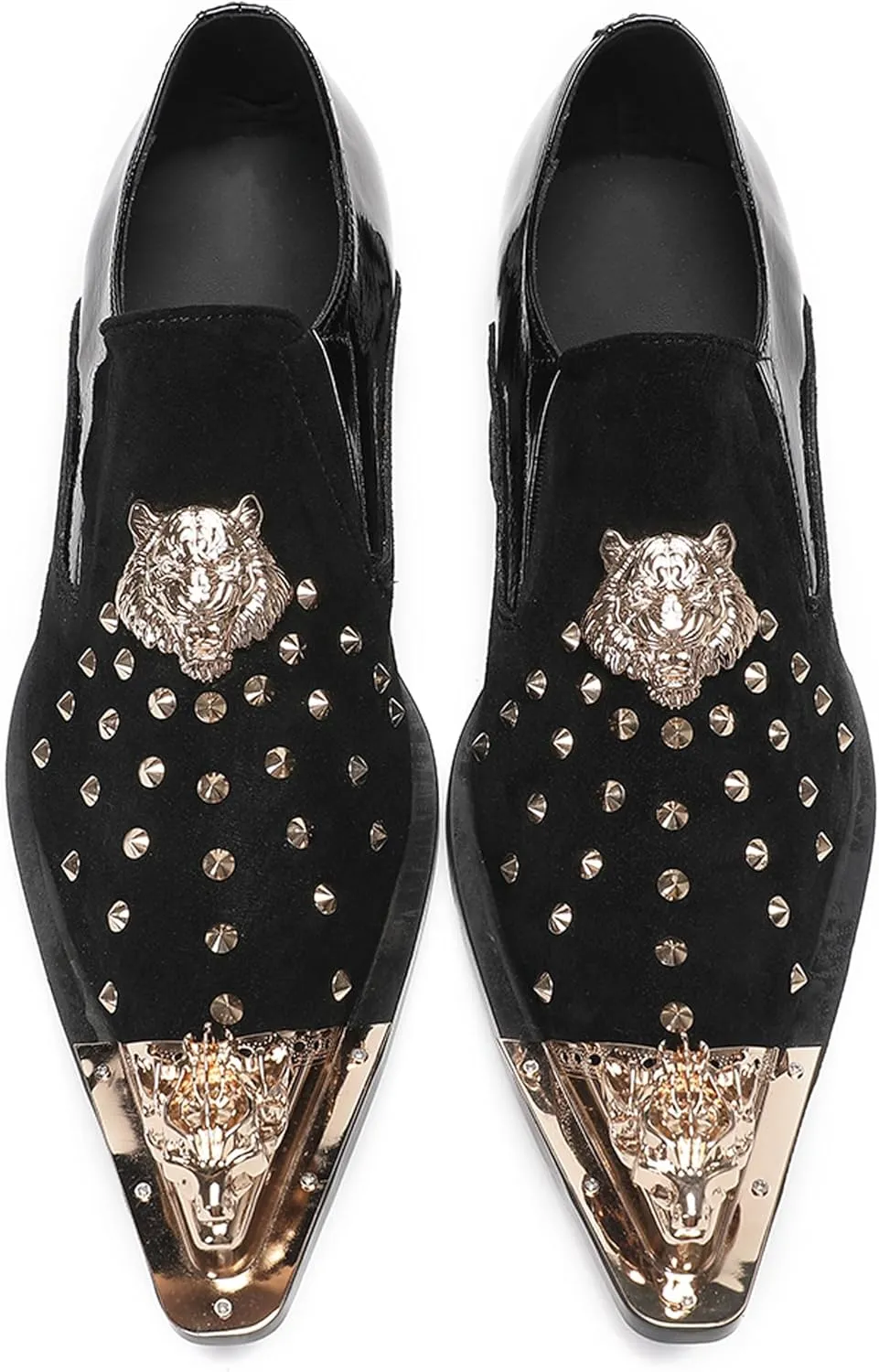 Santimon Mens Loafers Casual Black Dress Slip On Penny Loafer Suede Leather Gold Beads Glitter Party Mocasines Prom Wedding Fashion Western Disco Meatal Pointed Toe Smoking Tuxedo Shoes
