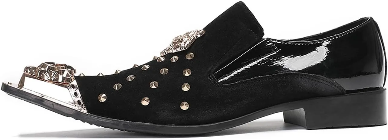 Santimon Mens Loafers Casual Black Dress Slip On Penny Loafer Suede Leather Gold Beads Glitter Party Mocasines Prom Wedding Fashion Western Disco Meatal Pointed Toe Smoking Tuxedo Shoes