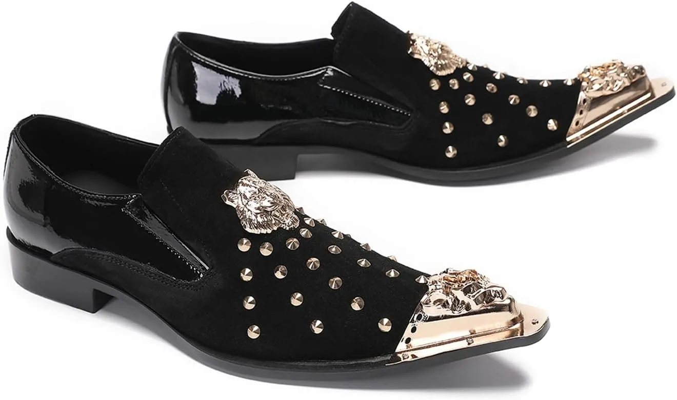 Santimon Mens Loafers Casual Black Dress Slip On Penny Loafer Suede Leather Gold Beads Glitter Party Mocasines Prom Wedding Fashion Western Disco Meatal Pointed Toe Smoking Tuxedo Shoes