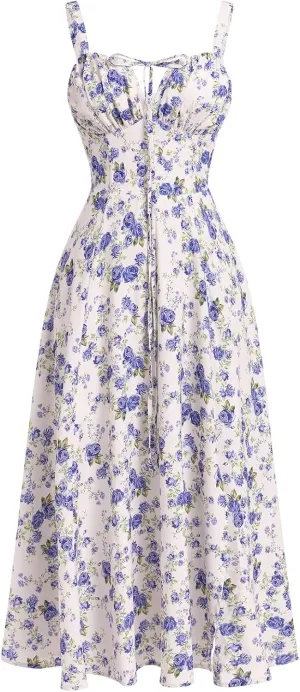 Women Floral Corset Dress Summer Dress 2024 Boho Flowy Slit Lace Up Midi Dresses Going Out A Line Casual Sundress